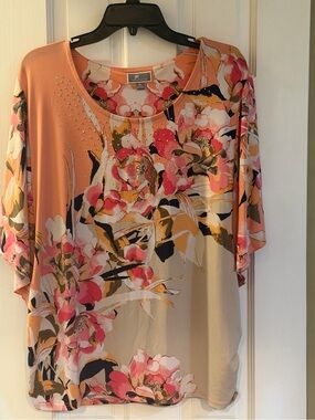 JM Collection Pink Floral Rhinestone Dolman Sleeve Top